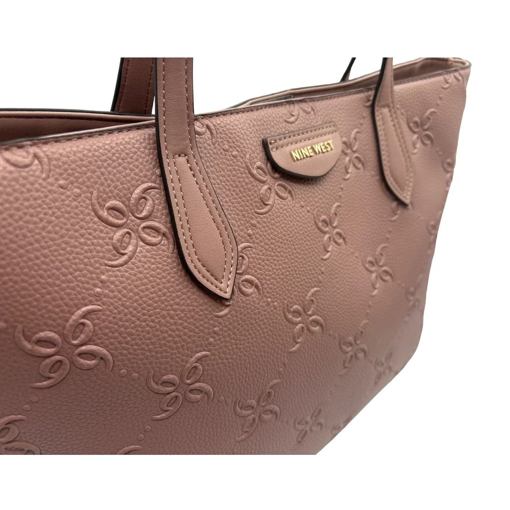 Nine West Tote Bag & Wallet Set Womens Large Rose Pink Good Embossed Floral Logo